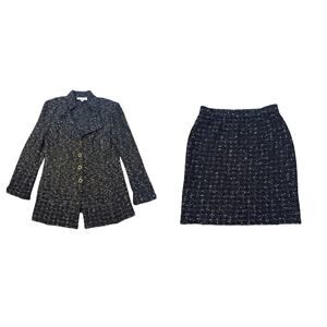 St. John Collection Tweed Blazer Jacket and Skirt Suit Set Size 8/10 Black White